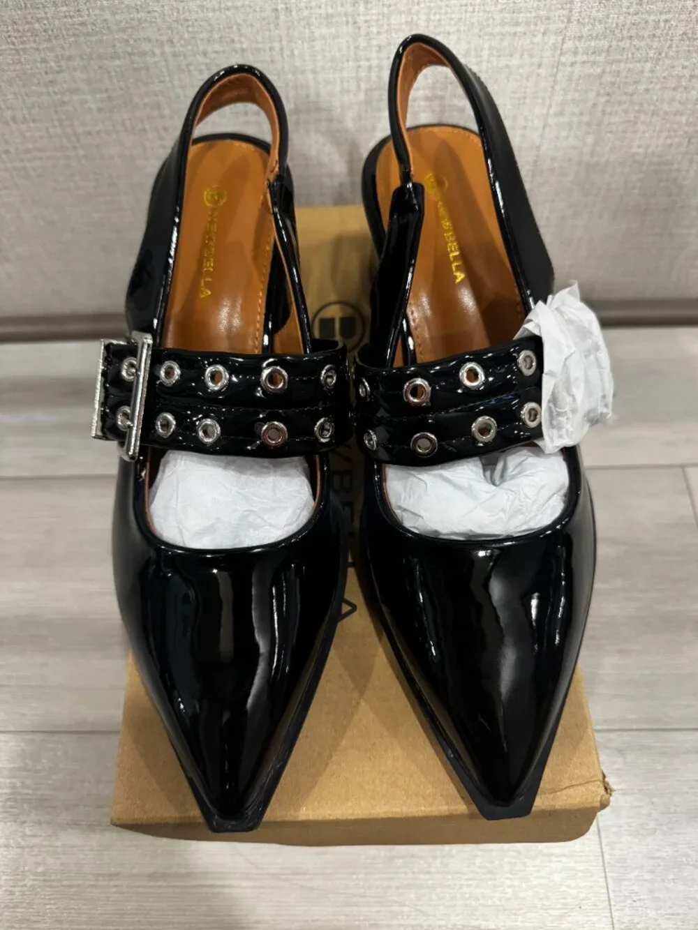NEWBELLA Black Patent Mary Jane Slingback | Grommet Buckle | Block Heel 8.5 NIB - Picture 9 of 15